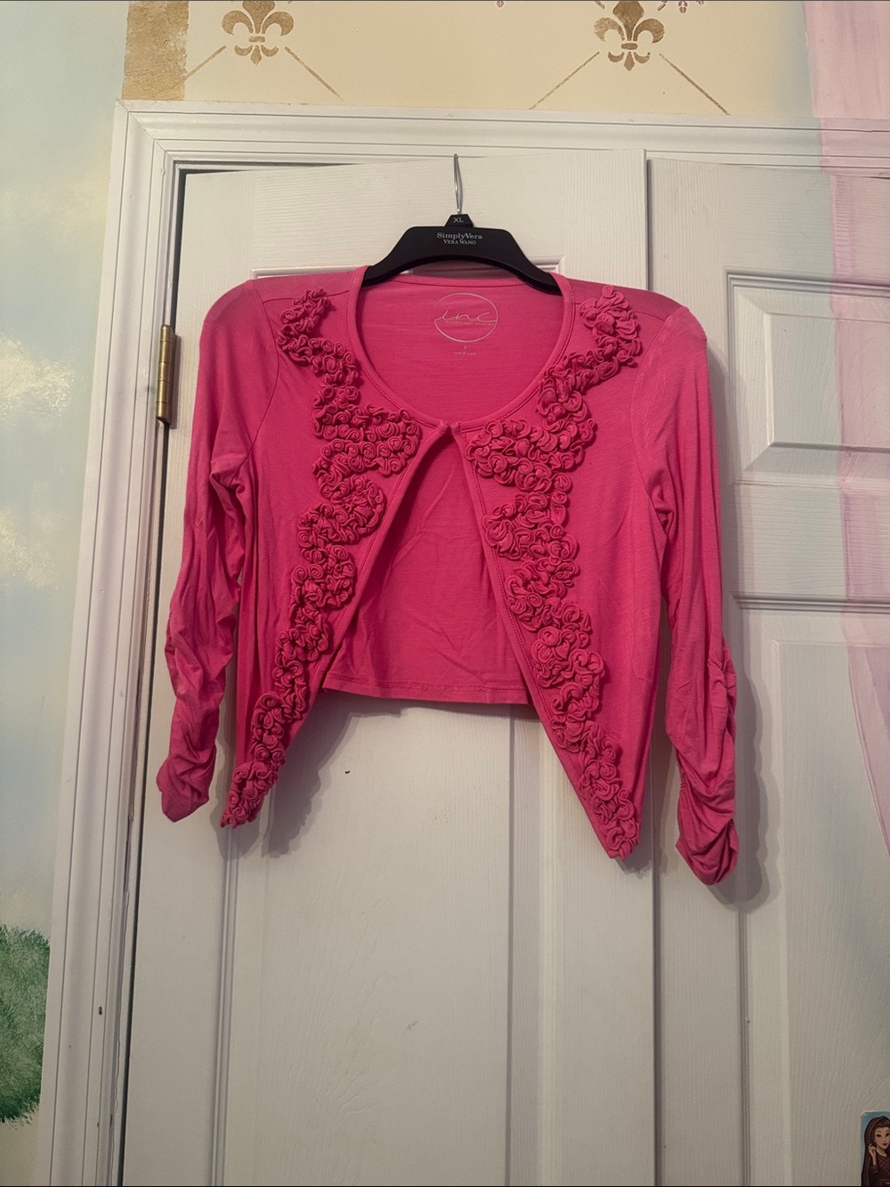 INC International Concepts Pink Cropped Cardigan with Rosette Trim